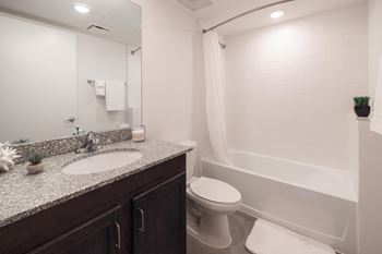 Bathroom with granite counters and bath tub